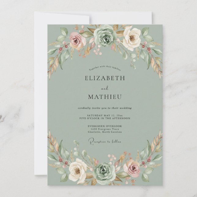 Invitación Boda Celadón Melocotón Peonía (Anverso)