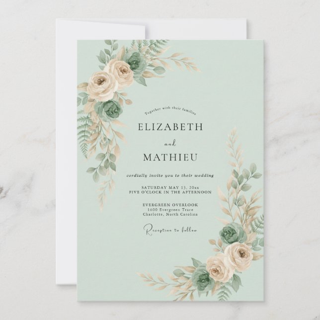 Invitación Boda Celadón Melocotón Ranunculus Eucalipto (Anverso)