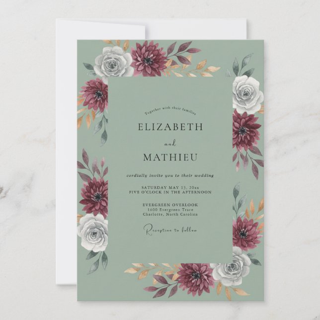 Invitación Boda Celadón y Dahlia Granate (Anverso)
