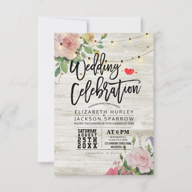 Invitación Boda Celebración Luz de cuerda floral de madera bl (Anverso)