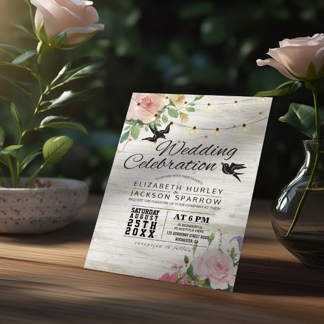 Invitación Boda Celebración Luz de cuerda floral de madera bl (Subido por el creador)