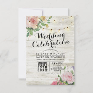 Invitación Boda Celebración Luz de cuerda floral de madera bl
