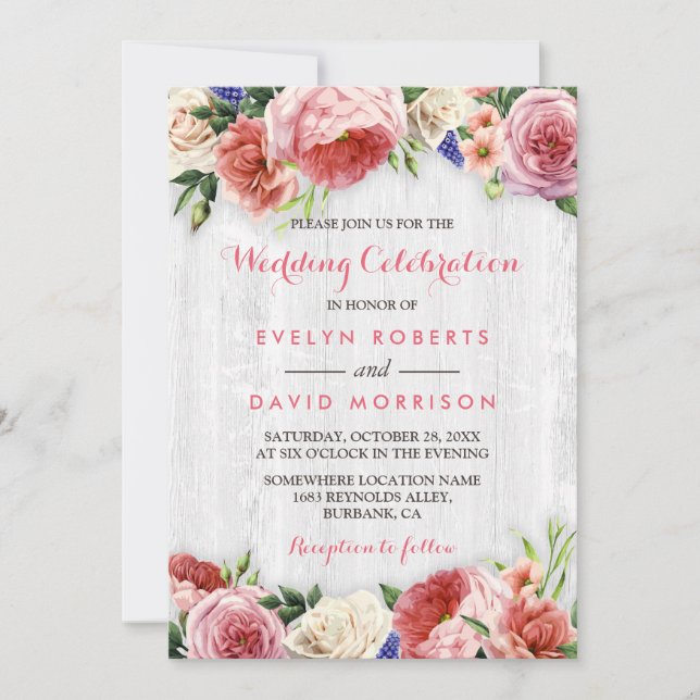 Invitación Boda Celebración Moda floral rústica Madera blanca (Anverso)
