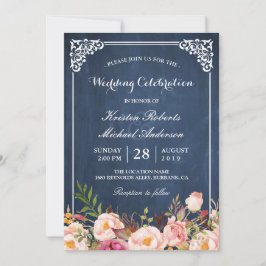 Invitación Boda Celebración Pink Floral Azul