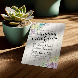 Invitación Boda Celebración Suculentas Plantas Madera Rústica