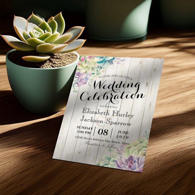 Invitación Boda Celebración Suculentas Plantas Madera Rústica (Subido por el creador)