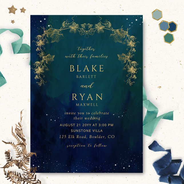 Invitación Boda celestal con encanto naval, azul y verde (Subido por el creador)
