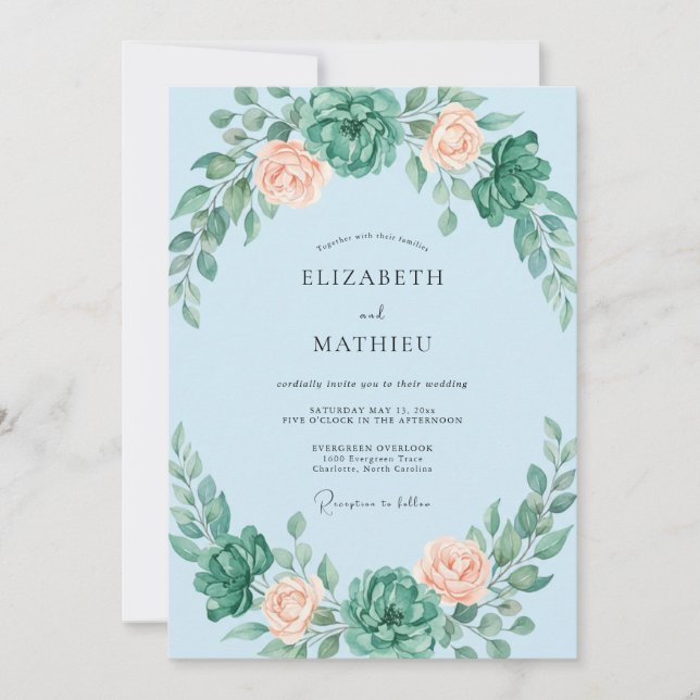 Invitación Boda Celeste Albaricoque Suculenta Eucalipto (Anverso)