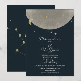 Invitación Boda Celeste Azul Constellación de la Luna de Oro
