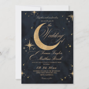 Invitación Boda celeste azul y dorado melancólica 