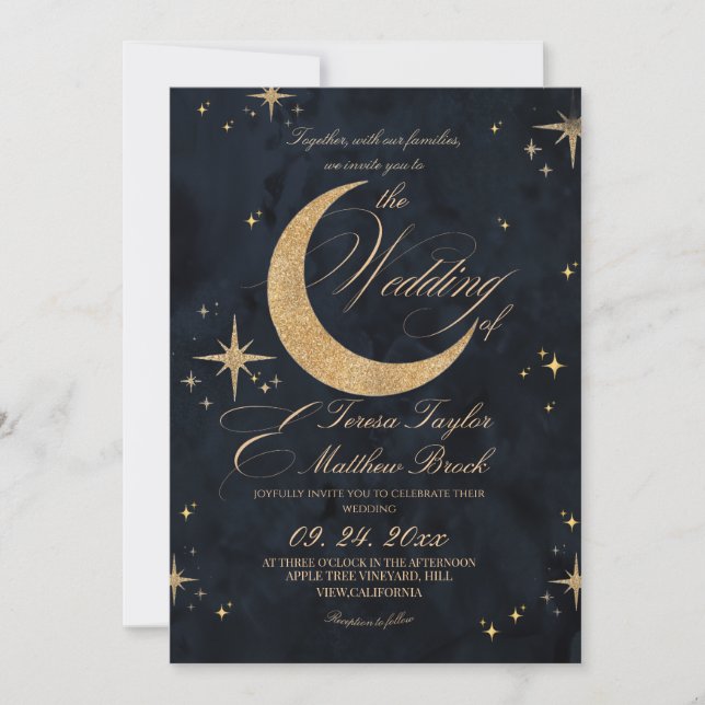 Invitación Boda celeste azul y dorado melancólica  (Anverso)