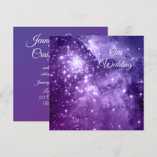 Invitación Boda celeste de las Estrellas de Ombre Púrpura (Anverso / Reverso)