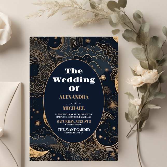 Invitación Boda Celeste de oro azul de medianoche (Subido por el creador)