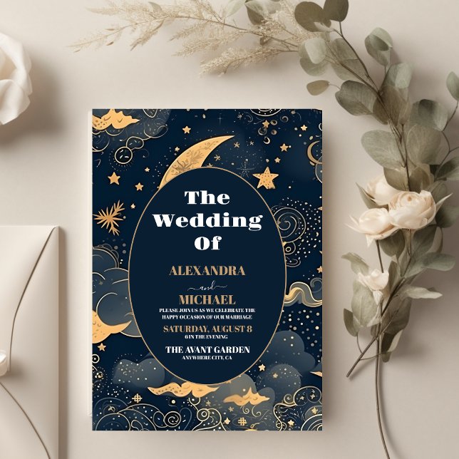 Invitación Boda Celeste de oro azul de medianoche (Subido por el creador)