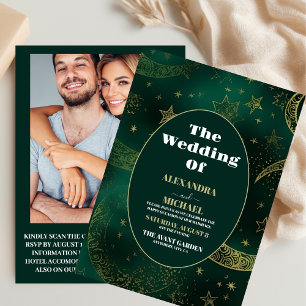 Invitación Boda celeste de oro verde esmeralda
