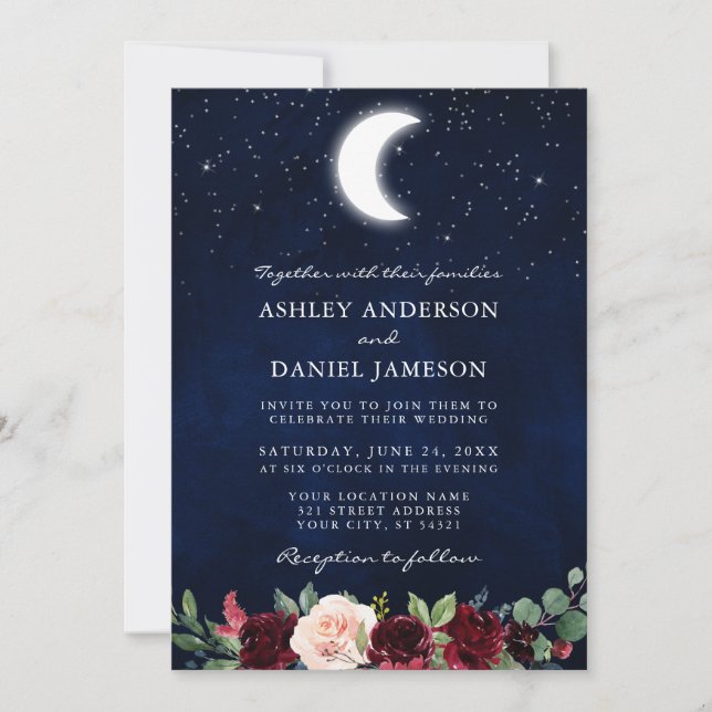 Invitación Boda celeste Moon Stars Floral (Anverso)