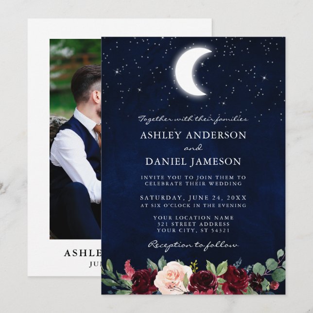 Invitación Boda celeste Moon Stars Floral Back (Anverso / Reverso)
