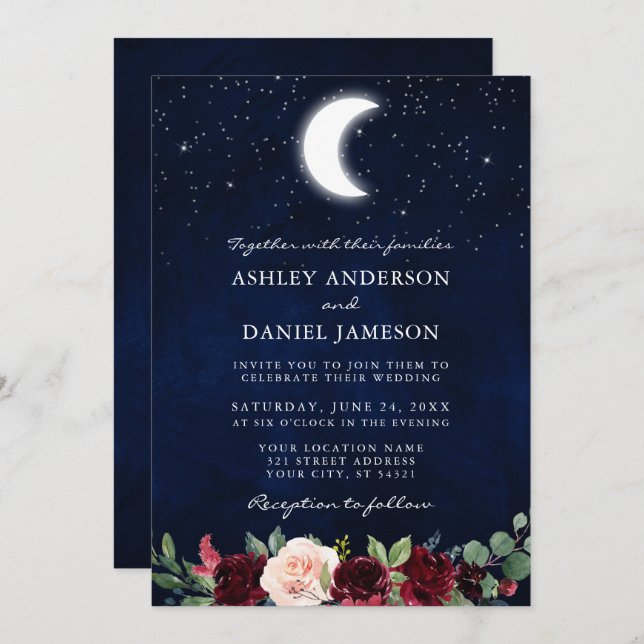 Invitación Boda celeste Moon Stars Floral Photo (Anverso / Reverso)