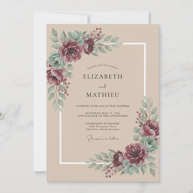 Invitación Boda Celeste Taupe Plum Peonía (Anverso)