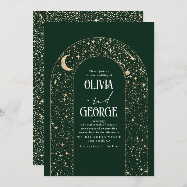 Invitación Boda celeste verde esmeralda de estrellas del ciel (Anverso / Reverso)