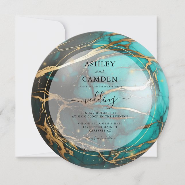 Invitación Boda Celestial Abstracta en Turquesa y Dorado (Anverso)