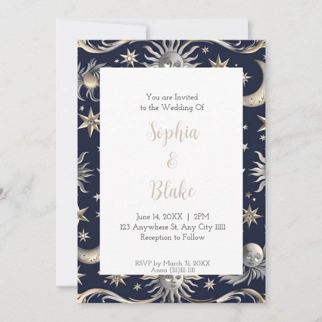 Invitación Boda Celestial Abstracta Moderna de Sol y Estrella (Anverso)