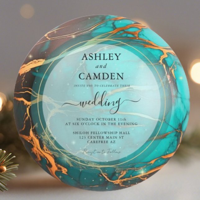 Invitación Boda Celestial Abstracta Turquesa y Dorada (Subido por el creador)