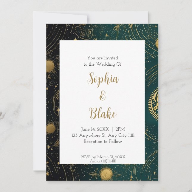 Invitación Boda Celestial Alternativa de Sol y Planetas (Anverso)