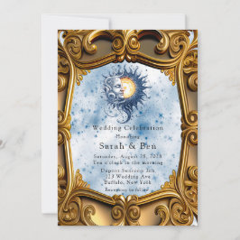 Invitación Boda Celestial Amarillo Azul Luna Art Deco