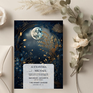 Invitación Boda Celestial Azul Místico Medianoche Dorado