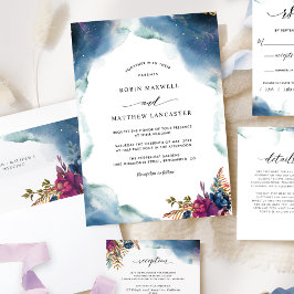 Invitación Boda celestial azul, púrpura y acuarela Verde azul