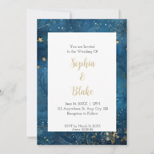 Invitación Boda Celestial Azul y Dorada Noche Estrellada