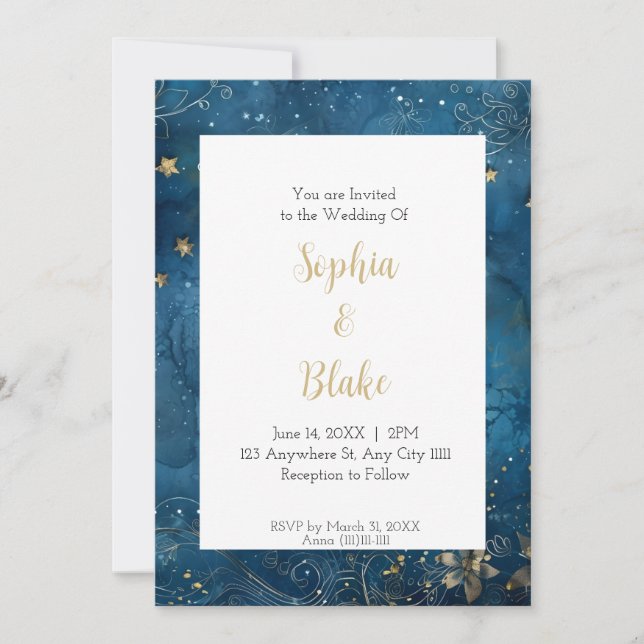 Invitación Boda Celestial Azul y Dorada Noche Estrellada (Anverso)