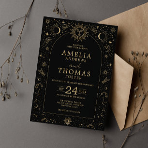 Invitación Boda Celestial Black y Gold Sun y Moon