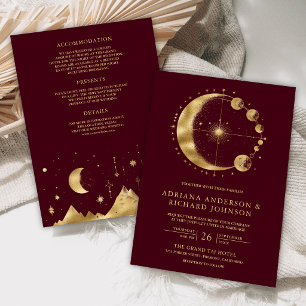 Invitación Boda Celestial Burgundy Gold Crescent Moon