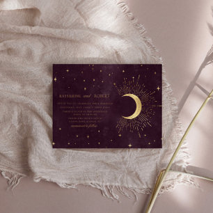 Invitación Boda Celestial Burgundy Gold Moon Y Stars
