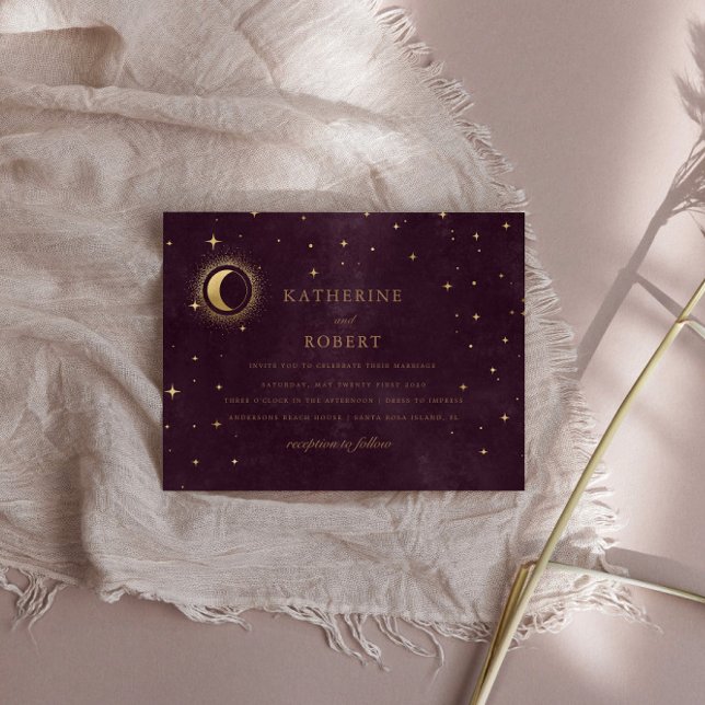 Invitación Boda Celestial Burgundy Gold Moon Y Stars (Subido por el creador)