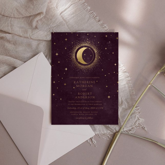 Invitación Boda Celestial Burgundy Gold Moon Y Stars (Subido por el creador)