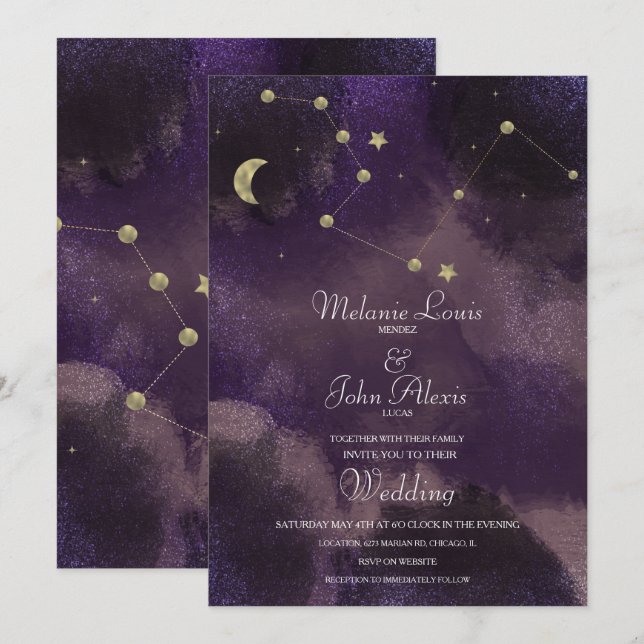 Invitación Boda Celestial Constellación de la Luna con Hojuel (Anverso / Reverso)