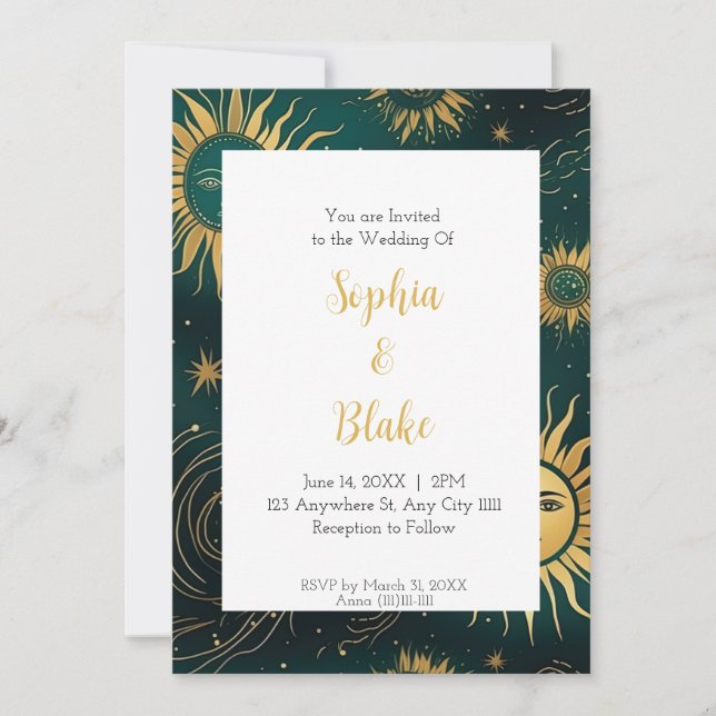 Invitación Boda Celestial Cósmica del Sol Místico (Anverso)
