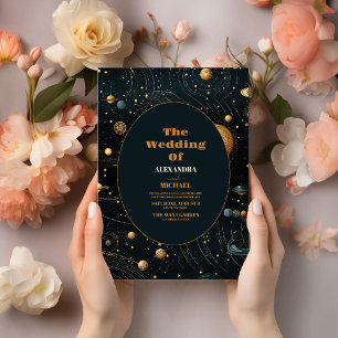 Invitación Boda Celestial de Azul Místico Medianoche Dorado