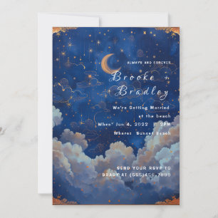 Invitación Boda Celestial de Azul Oscuro y Dorado