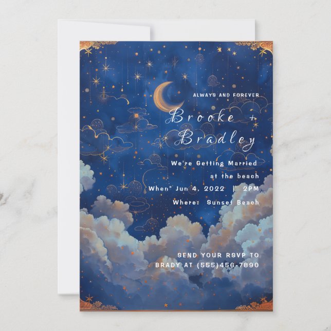 Invitación Boda Celestial de Azul Oscuro y Dorado (Anverso)