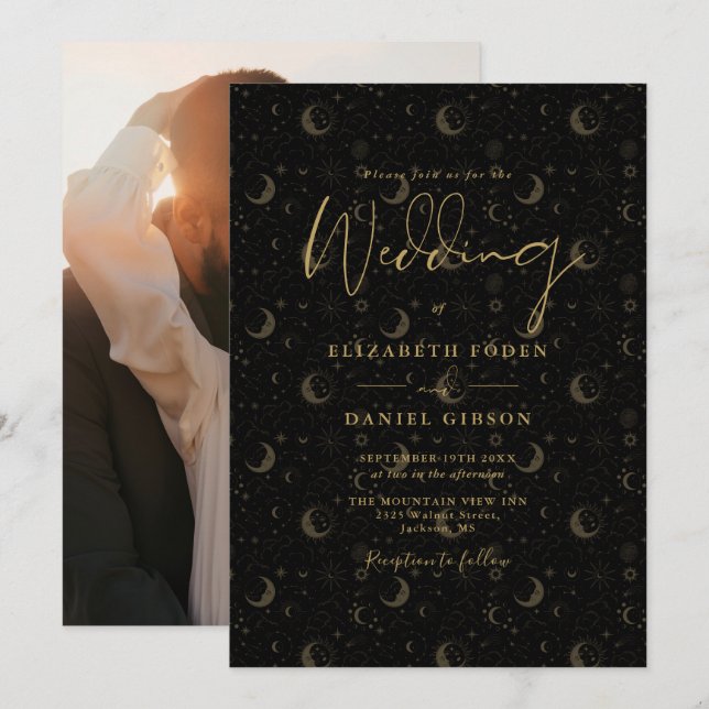 Invitación Boda Celestial De Black And Gold Stars Moon Photo (Anverso / Reverso)