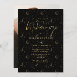 Invitación Boda Celestial De Black And Gold Stars Moon Photo