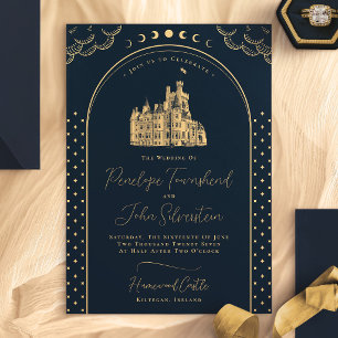 Invitación Boda Celestial de Castillo Vintage Azul Dorado de 