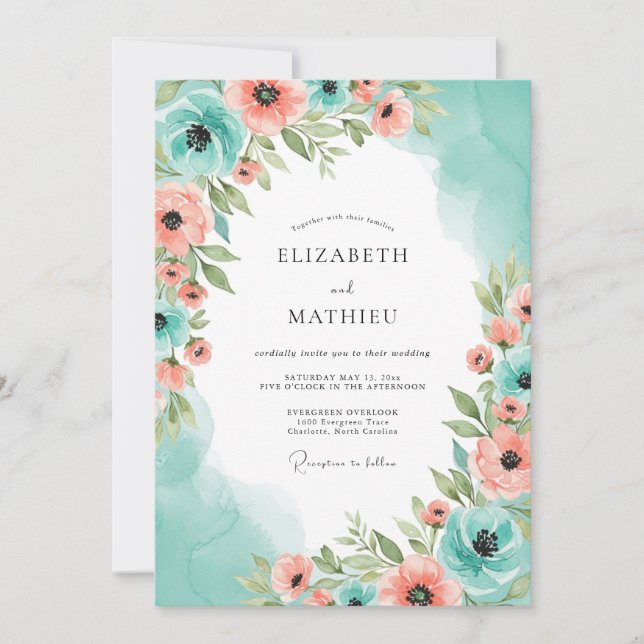 Invitación Boda celestial de durazno y azul turquesa en prima (Anverso)