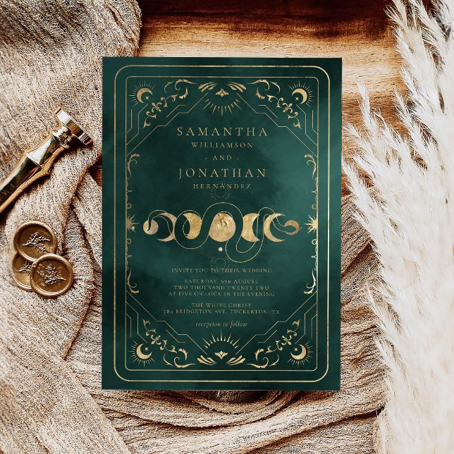 Invitación Boda Celestial de Emerald Green y Faux Gold Tarot (Subido por el creador)