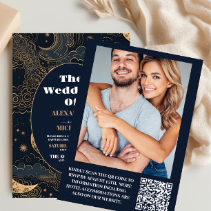 Invitación Boda Celestial de Foto Azul Medianoche Dorado