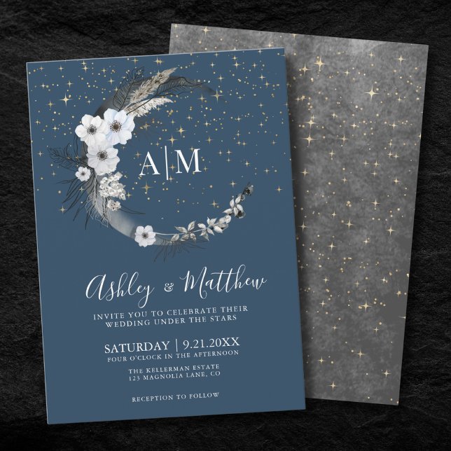 Invitación Boda Celestial de la Luna de Oro Azul (Blue Gold Moon Celestial Wedding Invitation)
